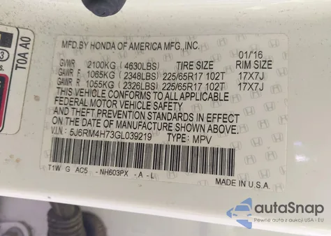 2016 Honda Cr-V Ex-L z USA, uszkodzony, nr VIN 5J6RM4H73GL039219